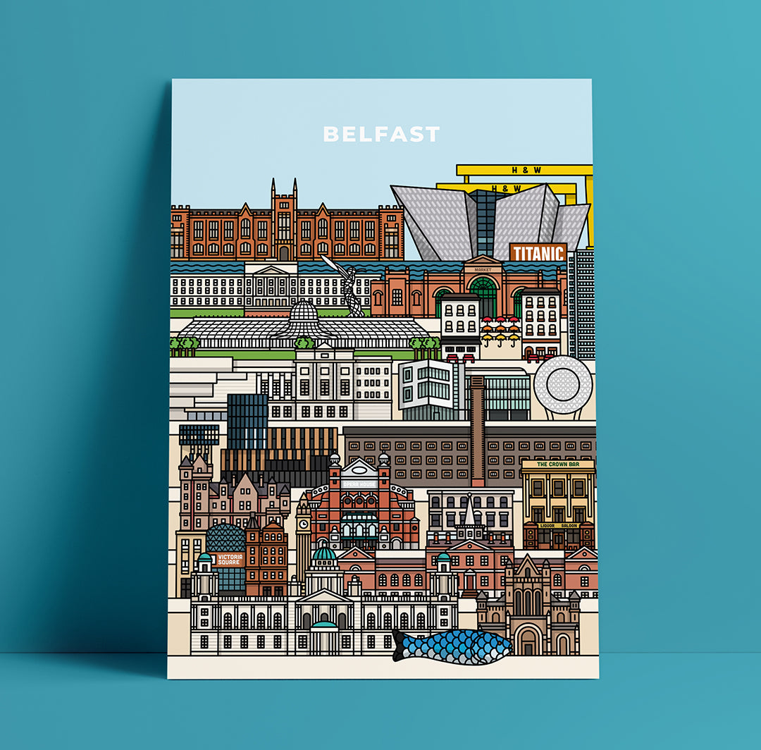 Colourful illustrated travel poster art print cityscape gift Belfast Northern Ireland titanic Ulster United Kingdom