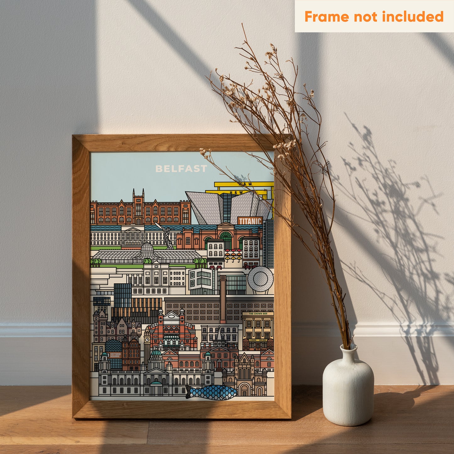 Colourful illustrated travel poster art print cityscape gift Belfast Northern Ireland titanic Ulster United Kingdom