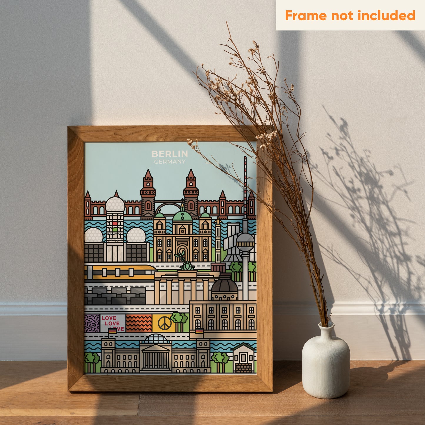 Colourful illustrated travel poster art print cityscape gift Berlin Germany Berlin wall checkpoint Charlie