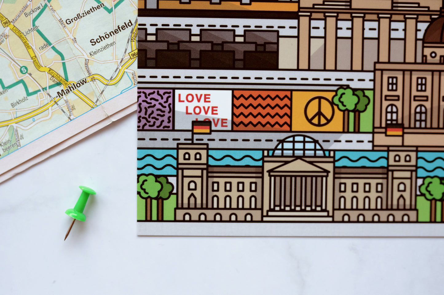 Colourful illustrated travel poster art print cityscape gift Berlin Germany Berlin wall checkpoint Charlie