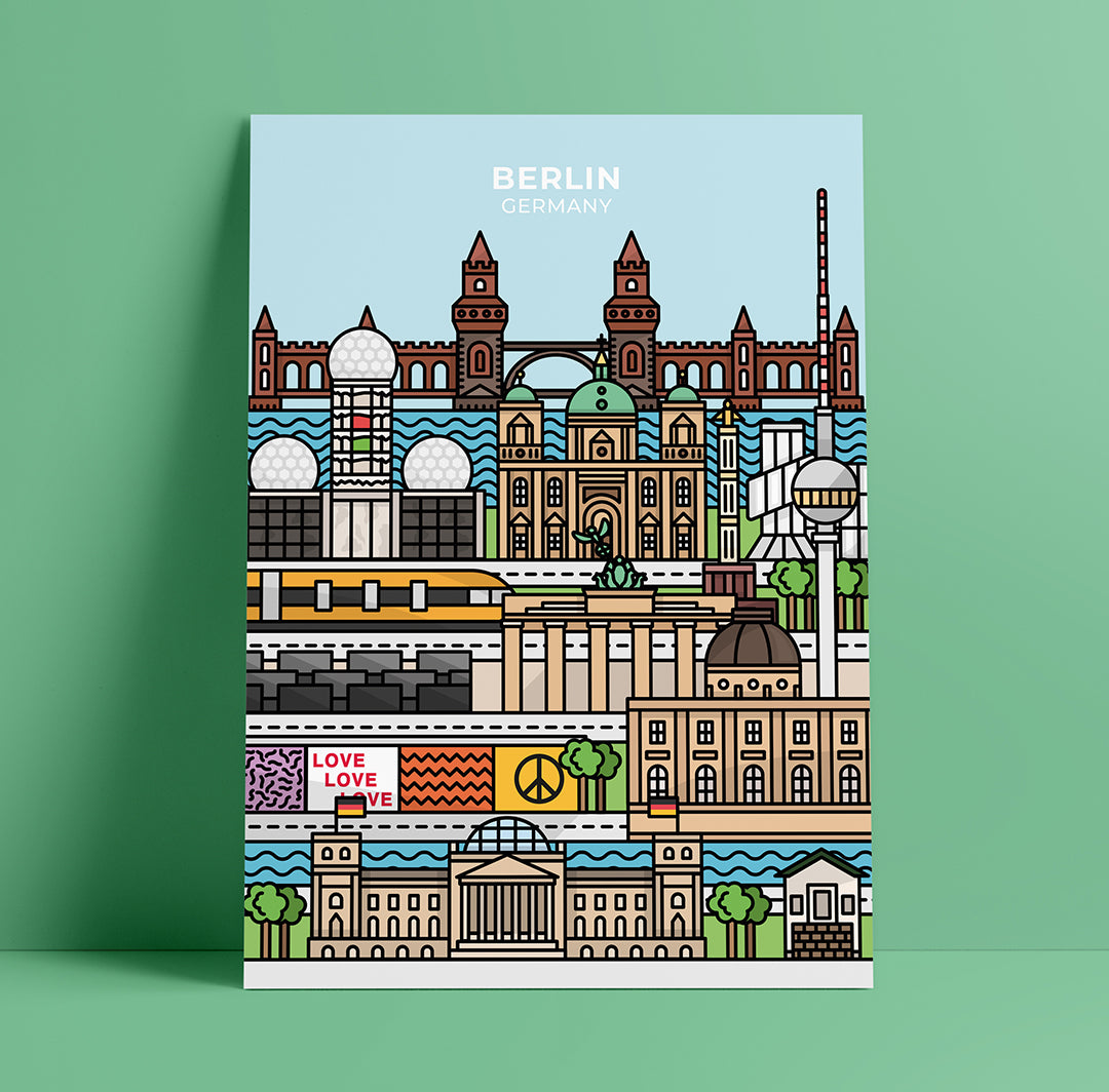 Colourful illustrated travel poster art print cityscape gift Berlin Germany Berlin wall checkpoint Charlie