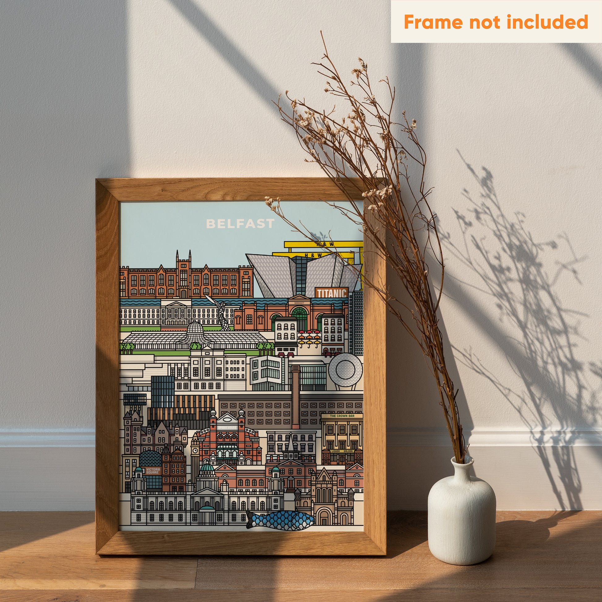 Colourful illustrated travel poster art print cityscape gift Belfast Northern Ireland titanic Ulster United Kingdom